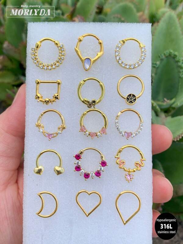 Morlyda Set de 3 piezas de joyas para perforación de nariz y septum con diseños glamorosos de 16G, incluyendo anillos de mariposa, corazón, lazo, luna, serpiente, así como aros de septum con perla falsa y barras con bisagra para septum, hélix, rook, trago, daith y cartílago, todo en acero inoxidable. Regalo de Navidad para hombres y mujeres, ideal para uso diario, fiestas y eventos sociales de 8-10mm