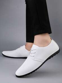 Men's White Lace-Up Wedding Shoes, Groom Shoes, Groomsmen Shoes, Soft & Lightweight Casual Loafers, Moccasins, Daily Simple & Comfortable Classic Leather Shoes, Versatile Business Office Leather Shoes, Durable Driving Shoes - White - View 4