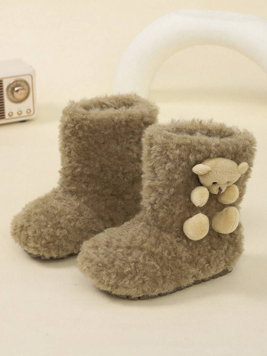 一双儿童2025秋冬新款韩版软底靴,男女童均适用,加厚保暖内衬雪地靴,适合儿童和婴儿 - 棕色 - 查看 1