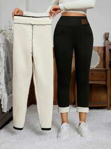 1/2pcs Warm Fleece Lined Leggings For Women - Thick Soft High Waist Black Tummy Control - Multicolor - View 2