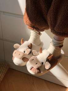 Fashionable Home Animal Cartoon Pattern Plush Winter Slippers, Warm Comfortable Non-Slip Stylish Cozy Cow Slippers, Couples Slippers, Men Slippers - Brown - View 5