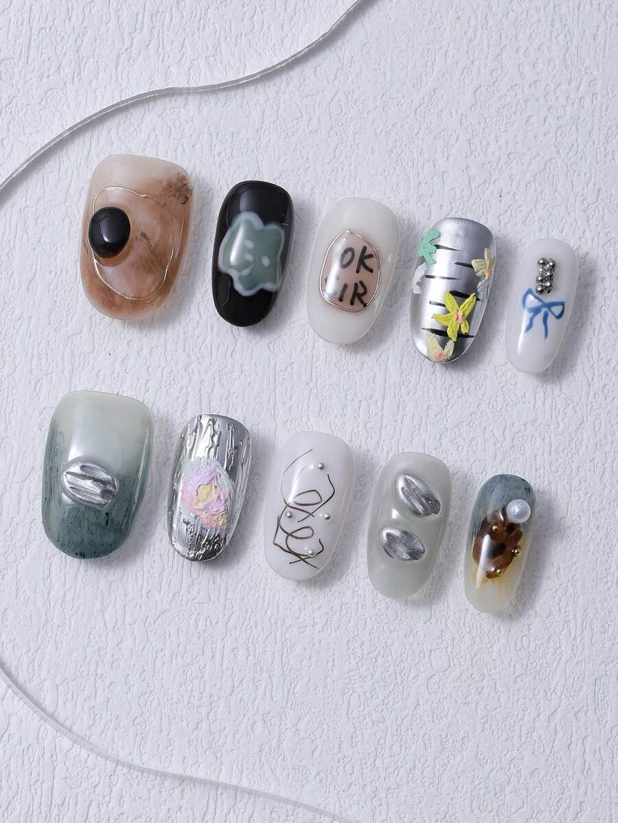 10片/套 手工杏仁形美甲贴纸，Y2K棕色法式风格，饰有3D手工花朵和3D手工豹纹图案。此美甲套装包含1瓶甲油胶和1把指甲锉，适合日常佩戴，也可搭配音乐节等场合的服装。是美甲贴纸和美甲护理产品的理想之选。 - 彩色 - 查看 1