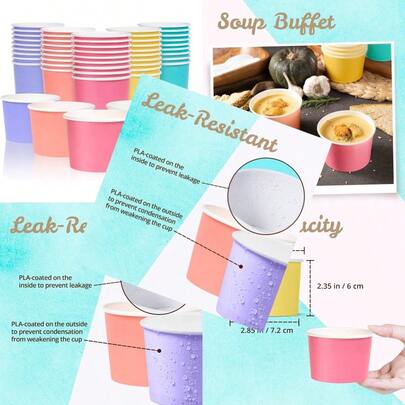 Paper Ice Cream Cups 50Pack 9oz Disposable Dert Bowls For Hot And Cold 9ounce 5 Pastel Colors