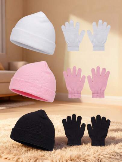 2pcs Winter Solid Color Knited Beanie Infant Hat And Gloves Set Unisex Baby Girls Boys Knitted Warm Infant Cap For Autumn Winter, Suitable For Outdoor(1pc Hats + 1Pair Of Gloves)