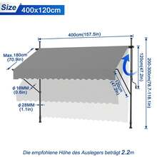 LILIIN Klämmarkis för balkong, 400 cm bred - markis med handvev, höjdjusterbar balkongmarkis utan borrning, UV-skydd, solskydd, väderbeständig (400 x 120 cm, gråvit/blåvit/mörkgrå/ljusgrå) - Ljusgrå - Visa 2