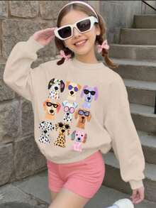 Girls' Cute Dog Graphic Casual Minimalist Long Sleeve Sweatshirt, Fashionable Crew Neck Pullover, Suitable For Autumn/Winter - Apricot - View 7