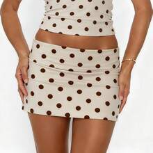 Women Fold Over Low Rise Bodycon Mini Skirt Y2k Polka Dots Print Slim Fitted Going Out Micro Skirts Stretchy Tube Pencil Mini Skirts Party Clubwear - 卡其色 - 查看 4