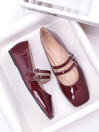Zapatos planos de moda para mujer, para primavera/otoño, con correa de tobillo, punta cuadrada, de cuero patentado, zapatos retro tipo Mary Jane, cómodos para todo tipo de Body