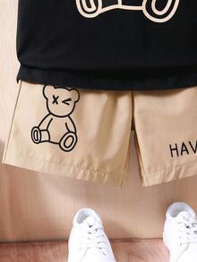2pcs/Set Toddler Boys Cute Cartoon Bear Printed Top Tee And Shorts, Summer Casual Outfit