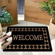 1pc "WELCOME" Plaid Doormat - Non-Slip Polyester, Lightweight, Black & Golden Check Pattern, Perfect For Home Decor, Entryway Welcome Mat|Check Pattern Mat|Polyester Fiber Mat, Welcome Mat - 彩色 - 查看 2