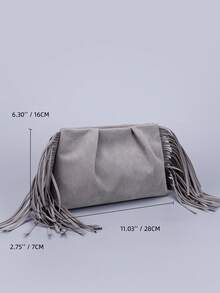 灰色麂皮流苏手拿包，小众设计，多功能晚宴包，个性时尚通勤包，休闲别致灰色包包，简约纯色钱包，女士钱包，婚礼配饰，圣诞礼物，适合派对、晚宴、婚礼、约会、购物等各种场合。 - 灰色 - 查看 3