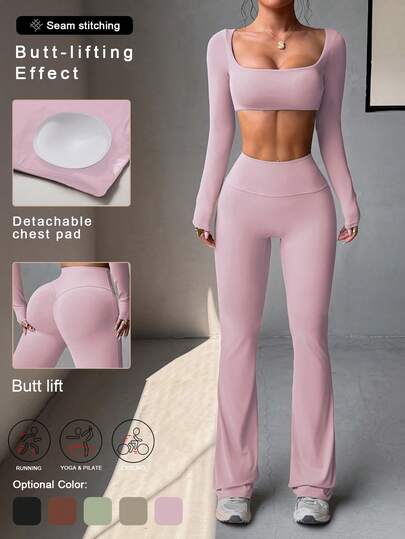 Conjunto deportivo casual de 2 piezas para mujer Aoqta, con camiseta de manga larga y cuello cuadrado sexy y pantalones, adecuado para correr, fitness, yoga y otros deportes, primavera/verano