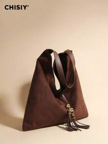 Original Handmade Dark Brown Suede Fringe Fabric Fashion Tote Bag, Elegant Large Capacity Women's Commuter Bag, Casual Student Simple Christmas Gift One Shoulder Bag Suitable For Work, Travel, Shopping, Wedding, Music Festival, Winter