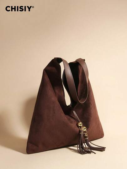 Original Handmade Dark Brown Suede Fringe Fabric Fashion Tote Bag, Elegant Large Capacity Women's Commuter Bag, Casual Student Simple Christmas Gift One Shoulder Bag Suitable For Work, Travel, Shopping, Wedding, Music Festival, Winter