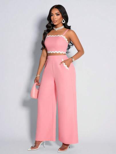 AIJ Amarilo Women's Sexy & Elegant Pink Two Pieces Set – Spaghetti Strap Crop Cami Top & Wide Leg Pants – Ideal For Spring Break Outfit, Summer Casual Wear, Valentine's Day Look & Carnival Costume