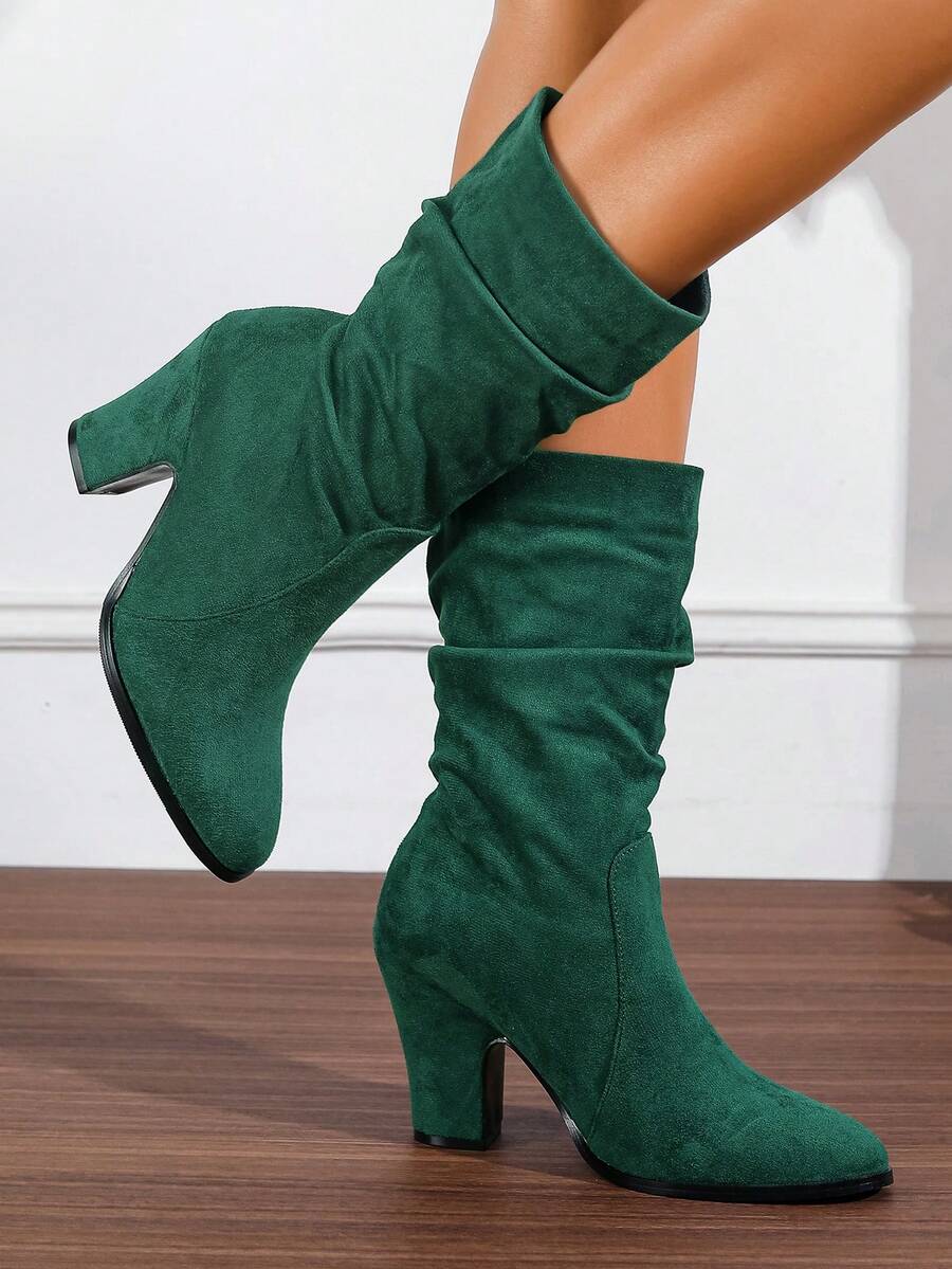 Chunky Heel Slouchy Boots Round Toe Suede Slim Tall Boots For Women, New Autumn/Winter Mid-Calf Riding Boots With Fur - Olive Green - View 1