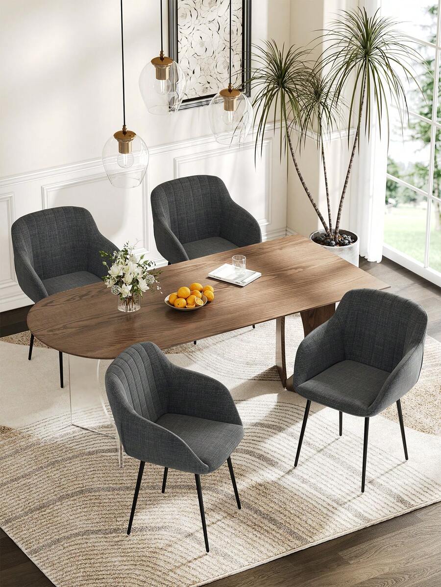 Goeurvant Contemporary Vertical-Stripe Upholstered Dining Chairs With Armrests & Metal Legs For Dining Room, Kitchen, Living Room - Set Of 2 / Set Of 4 / Set Of 6 - Black Grey - 黑灰色 - 查看 1