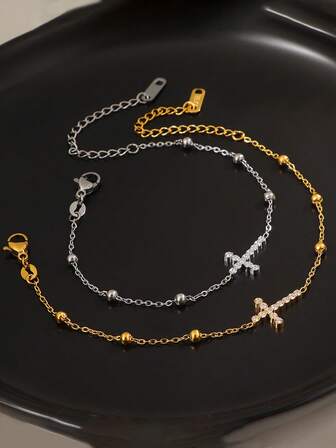 1pc Titanium Steel Cross Zirconia Bracelet For Women, Luxury Niche High-End Design, Versatile Non-Fading Delicate Accessory, Couples Gift For New Year