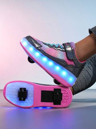 1 Pair Teenagers' Hook And Loop PU Lace LED Light Design Thick Sole Roller Skates, Round Toe Low-Top With Wheels, Suitable For All Seasons, Sports Shoes For Teenagers