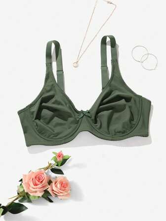 Olivgrön Plus Size Minimalistisk Slät Bekväm Rosettdekoration Bygellös BH Dam, Casual Vardagsunderkläder