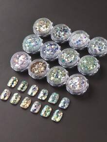 12-Color Set Chameleon Hexagon Nail Glitter, Laser Mermaid Gradient Shiny Flakes, Holographic Rainbow Metallic Powder Nail Art Decorations - Multicolor - View 8
