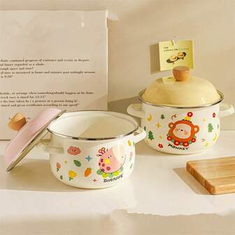 1pc 18cm Cartoon Enamel Small Soup Pot, Enamel Pot, Small Stew Pot