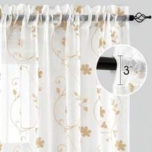 HOMEIDEAS Sheer Curtains 52 X 63 Inches Length 2 Panels Embroidered Leaf Pattern Pocket Faux Linen Floral Semi Sheer Voile Window Curtains/Drapes for Bedroom Living Room(132.1An x 160Al cm (2 Paneles) Blanco y amarillo) - Tipo 37 - Ver 2