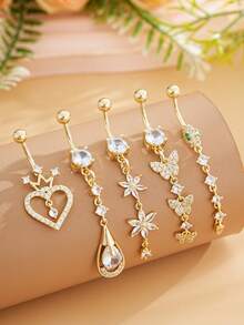 1.5pcs Star & Moon Multi-Element Pendant Navel Ring Stainless Steel Spiral Navel Piercing Jewelry, Suitable For Daily Wear