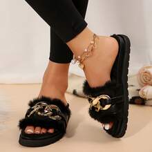 Shoes Womens Slippers Solid Color Fuzzy Fluffy Metal Chain Decoration Fashion Flats Open Toe Shoes Autumn Winter Slippers Cotton Fuzzy Slippers Bedroom Slippers Indoor House - màu đen - Xem 10