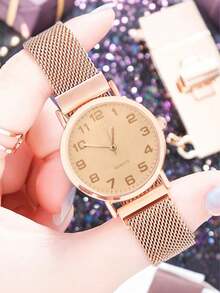 1pc Women's Lightweight Business Chic Gold Daily Magnetic Buckle Alloy Multi-Color Versatile Quartz Casual S68 Quality Movement Elegant Watch, Stainless Steel Wristwatch - Multicolor - View 2