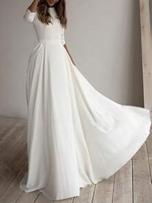 Solid Color Elegant Knit Fabric Zipper Pleated Wedding - White - View 2