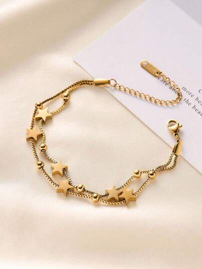 1pc Minimalist Stainless Steel Double Layer Pentagram & Bead Bracelet, Elegant & Refined, Suitable For Daily Wear