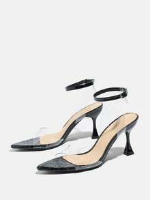 Women's Pointed Toe High Heel Shoes, Transparent PVC Glass Texture Ankle Strap Sandals, Elegant And Glamorous For Parties, Banquets, Outdoor Events, Suitable For Spring/Summer - Black - View 4