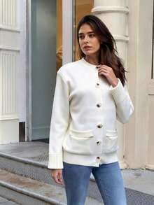 Women's Solid Color Round Neck Flared Sleeve Cinched Waist Knit Cardigan - White - View 6