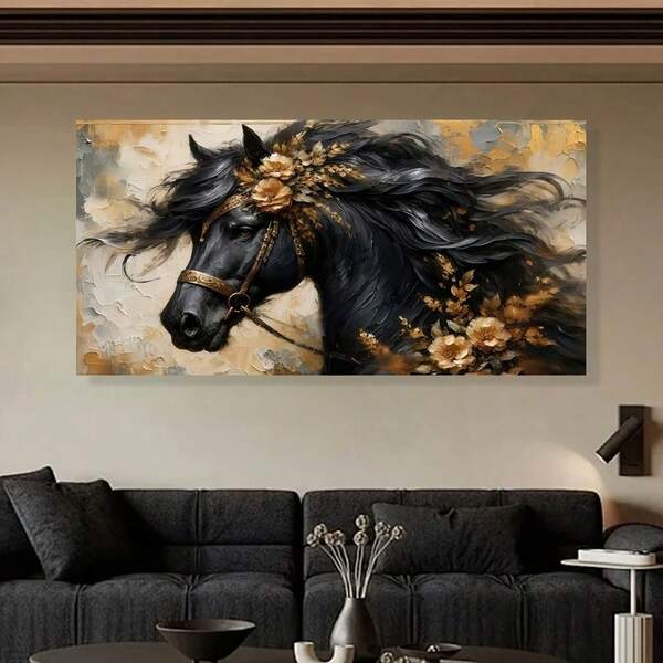 1 Stück schwarze abstrakte goldene Blumen Pferd Leinwand Wandkunst, rahmenlos moderne Tier Schlafzimmer Dekoration, universelles Feiertags Poster für Wohnzimmer und Flur, ohne Strom, ohne Rahmen 50x100cm