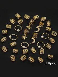 女士脏辫珠串饰品套装，月亮和星星图案合金发饰，时尚波西米亚风发饰，适用于辫子、脏辫、扭辫等发饰，轻巧耐用，适合青少年、女孩、女士日常佩戴，也适合学校、旅行、假日派对等场合。多种包装可选，每包10/34/36/40件。是斋月、开斋节等节日发型搭配的理想之选，也是送给朋友和家人的精美礼物。 - 彩色 - 查看 2