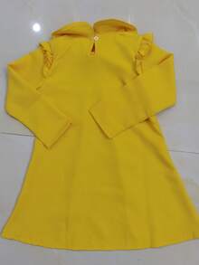 女童荷叶边肩长袖连衣裙，适合日常穿着、派对、度假和上学，春秋季 - 黃色 - 查看 6