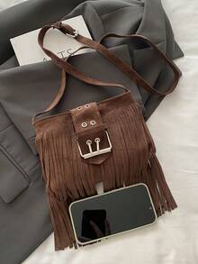 Tas Bahu Dekorasi Rumbai Vintage, Tas Selempang Suede Berkualitas Tinggi - Kopi - View 4