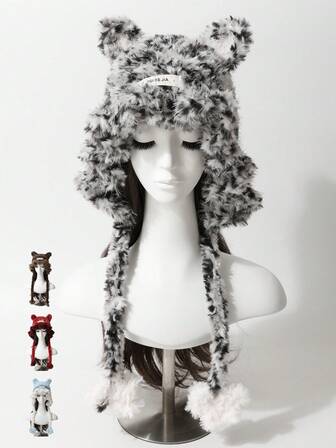 1顶手工针织可爱熊耳水母帽，女士款，秋冬新款朋克甜美Y2K柔软加厚保暖护耳针织帽，多色时尚百搭