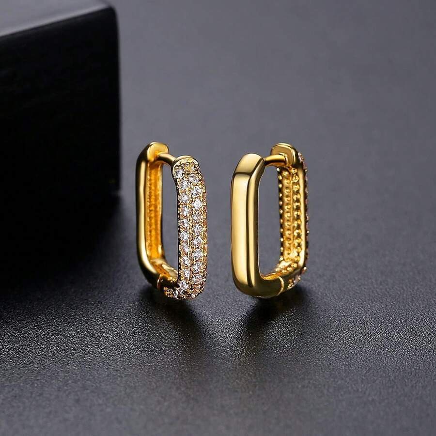 1 par de pendientes de aro con forma de U con rhinestones cuadrados, pendientes de moda para mujeres, adecuados como regalo para novia o amante