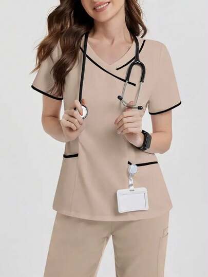 Contrast Trim V-Neck Short Sleeve Pocket Scrub Uniform Top