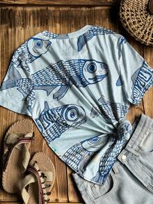 Áo thun nữ tay ngắn cổ tròn phong cách Bohemian, thời trang nghỉ dưỡng mùa xuân/hè, họa tiết cá xấu xí ngẫu nhiên đầy màu sắc, thoải mái, thích hợp cho bữa ăn trưa/hè. - Màu xanh lam - Xem 3