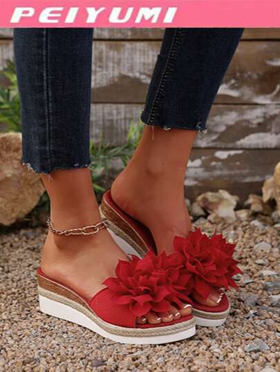 PEIYUMI 2025 New Women's Lotus Decor Wedge Sandals, Summer Casual & Fashionable, Women's Floral Decor Casual Flat Sandals, French Floral Flat Slippers, Women's Sandals, Women's Slippers, Available In Red, Green, Black, White, Handmade Beach Sandals, Bow Accent