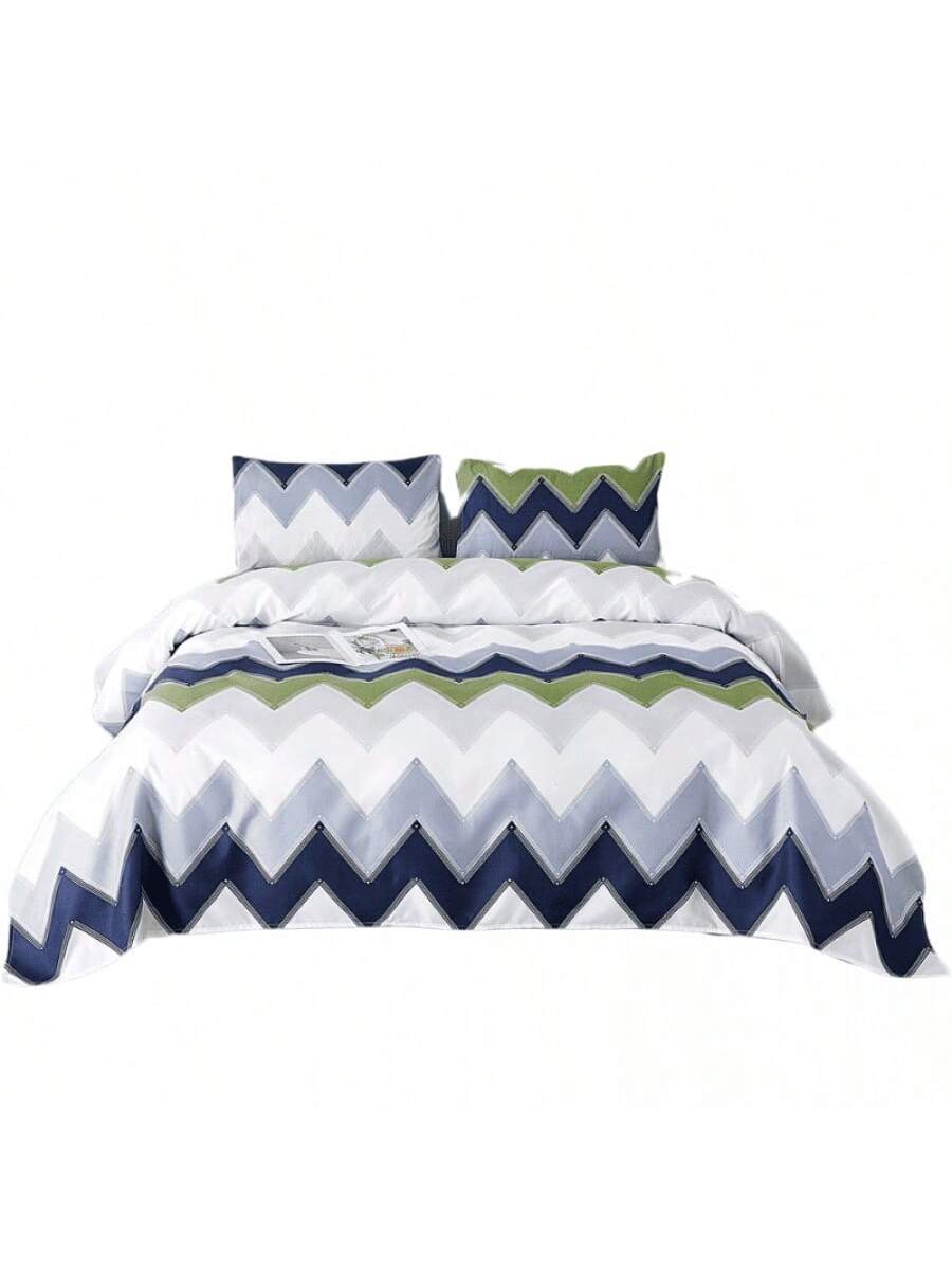 Juego de Funda Nórdica Estampado Chevron Azul y Blanco