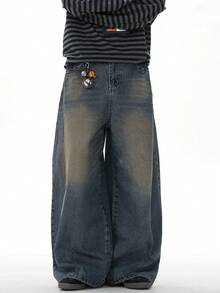 1pc Vintage Washed Loose Fit Distressed Wide Leg Boyfriend Jeans, Casual Design