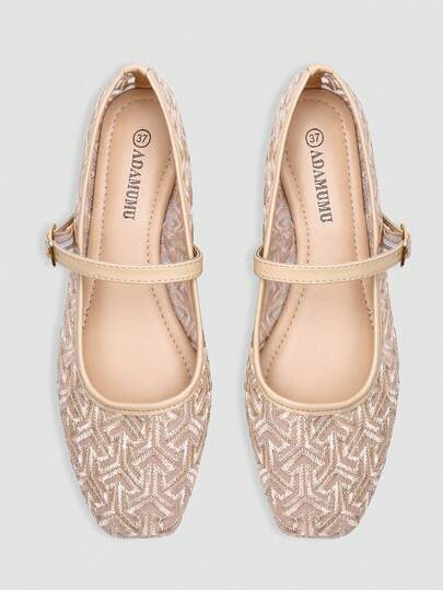 ADAMUMU Platta skor, Moderiktiga Dambalett, Broderad Spets Mesh Tyg Moderiktiga Dansskor, Enfärgade Andningsbara Platta Skor, Fyrkantiga Tå Ljusa Platta Skor, Moderiktiga Och Bekväma