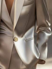 大码女士优雅纯色缎面翻领单排扣修身西装外套，适合工作场合，春秋季穿着 - 淺灰色 - 查看 6