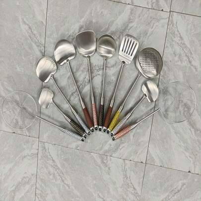 10 件套不锈钢厨房用具套装 - UV 涂层手柄，耐热不锈钢厨房工具，包括锅铲、滤网、勺子、汤勺、意面勺、鱼铲、不粘锅用具（多色）