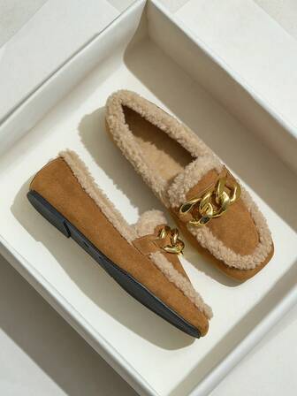 Women's Fashion Slip-On Furry Loafers, Brown Square Toe With Metal Decor, Versatile Flat Soft Bottom Casual Shoes, Suitable For Autumn/Winter 2025
