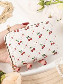 Fashionable And Cute Cherry Print Short Wallet Handbag Zipper, Coin Wallet Fashionable Zipper, High-Quality Credit Card Storage Bag, Women's Wallet Card Bag,Fashion,Modern,Business,For Anniversary,For Christmas,On Valentine Day,For Birthday Gift,For Gift,For Lover For Women,For Girls,For Lady,For Female,Bag School Supplies For School Dorm Room & Back To School
